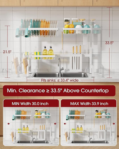 Over The Sink Dish Drying Rack - Adjustable 2 Tier Large Capacity Stainless Steel Drainer with Cutlery & Utensil Holders, Kitchen Storage & Organization, 30"-33.9" L x 11" W x 21.5" H, White