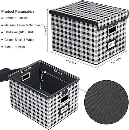 Huolewa File Organizer Box with Lid, Collapsible File Folder Organizer for Office Document Storage, Filing Box with Plastic Slide for Letter Size Hanging File Folders(1 Pack, Black & White Lattice)