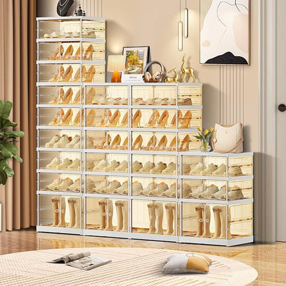 6-Tier Foldable Shoe Rack for Closet Entryway 6-12Pairs,Stackable Clear Shoe Storage Boxes Organizer with Door Plastic Small Shoe Cabinet Bins with Lids Narrow Shoe Shelf Easy Assembly