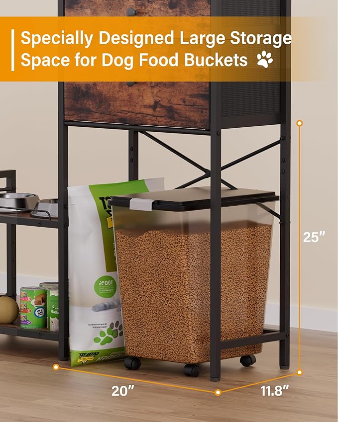 Elevated Dog Bowls,8 Heights Adjustable Dog Storage Organizer Shelves with Toy Double Drawer, Pet Food Station Cabinet for Medium Large Dogs,Elevated Dogs Bowls with Storages, Rustic Wood Brown