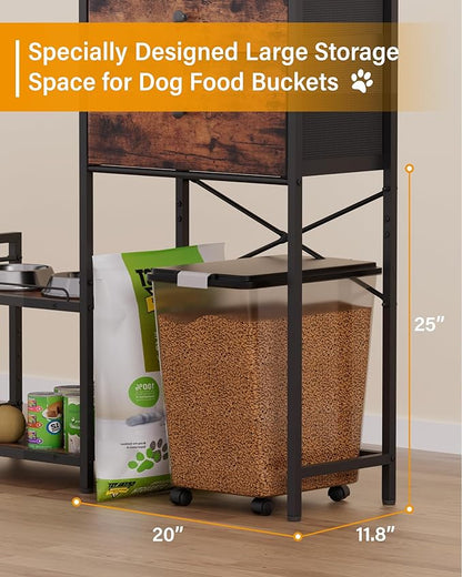 Elevated Dog Bowls,8 Heights Adjustable Dog Storage Organizer Shelves with Toy Double Drawer, Pet Food Station Cabinet for Medium Large Dogs,Elevated Dogs Bowls with Storages, Rustic Wood Brown