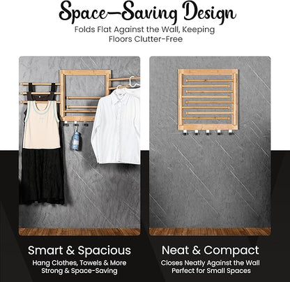 Wall Mounted Drying Rack - Clothes Drying Rack Wall Mounted for Laundry - 20 INCH - with 5 Hooks and 8 arms - 80 lbs Capacity - Natural Bamboo