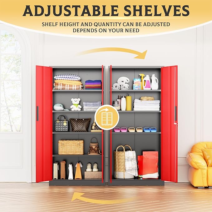 SUNCROWN 72" Metal Storage Cabinet - Heavy-Duty Metal Garage Cabinet with 4 Adjustable Shelves & 2 Doors for Tools, Office, Home, Workshop,Black & Red-Small