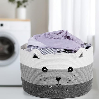 Zopeal Cat Basket Storage Woven Organizer with Ears Easter Decorative Gift Pet Toy Cute Cotton Rope Basket for Gift Cat Dog Toy Bin Nursery Room(21.7 x 13.8 Inch,White, Light Gray and Gray)