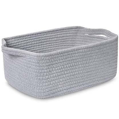ABenkle Small Storage Basket with Handles, Cotton Rope Woven Dog Cat Toy Bin, Decorative Shelves Closet Organizing for Nursery Laundry Bedroom Bathroom, 14.2''x 11''x 5.1''