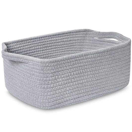 ABenkle Small Storage Basket with Handles, Cotton Rope Woven Dog Cat Toy Bin, Decorative Shelves Closet Organizing for Nursery Laundry Bedroom Bathroom, 14.2''x 11''x 5.1''