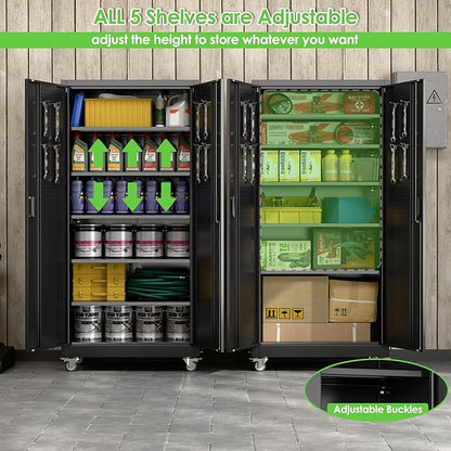 Garage Storage Cabinet with Wheels and Pegboard, Lockable Metal Storage Cabinet with 5 Adjustable Shelves and 4 Hooks for Garage,Warehouse, Assembly Required, Black, 71" H x 34" W x 18" D