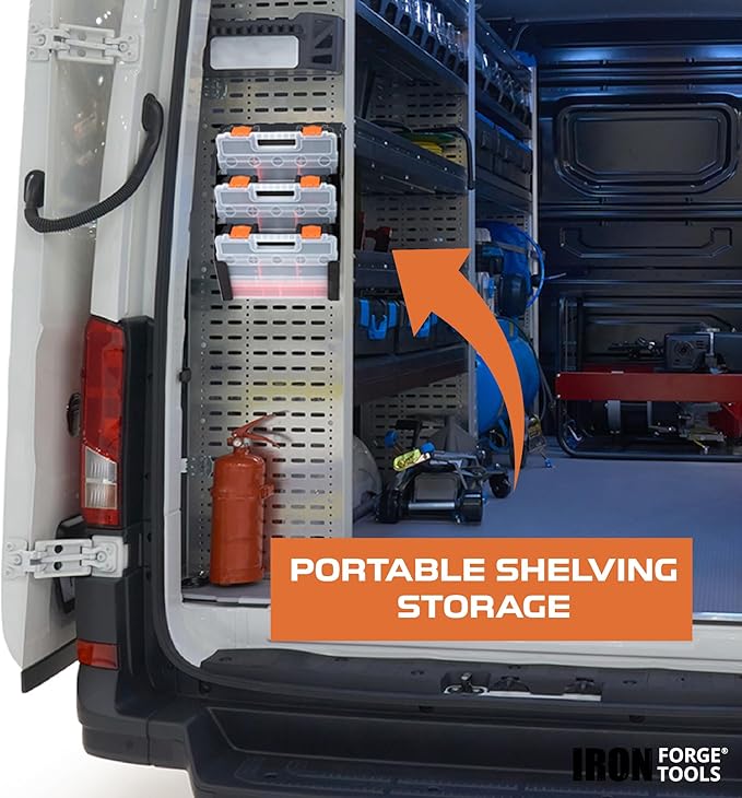 Iron Forge Tools Small Parts Tool Organizer, Service Truck, Cargo Van Shelving- Metal Wall Mount Rack & 3 Hardware Storage Bin Nuts and Bolts Boxes