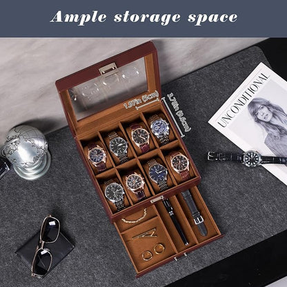 ProCase Watch Box, 8 Slot Watches Display Case with Drawer, Mens Watch Case with Glass Lid, 2-Layer Mens Jewelry Organizer Storage Holder, Birthday Valentine Gifts for Men -8 Slot, Espresso
