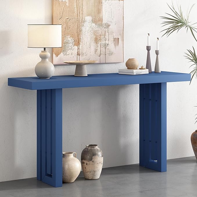 Uniquely Designed Oak Veneer Console Table, Modern Long Sofa Side Table with Distinctive Side Shapes, Suitable for Entryway, Hallway, Living Room, Foyer, Corridor,Easy Assembly (Navy Blue-RT41)