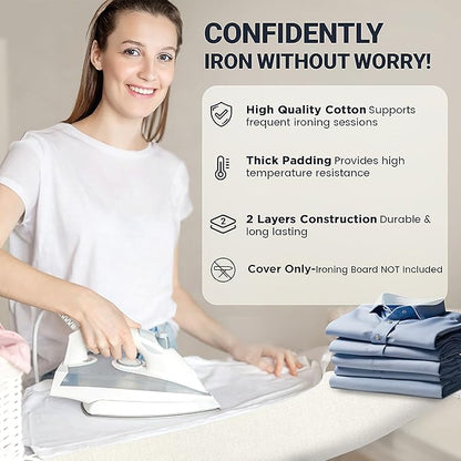 Ironing Board Cover and Pad 15"x54" Extra Thick Natural Cotton, Scorch and Stain Resistant Padding,Standard Size Iron Board Cover with Fasteners Heavy Duty Elastic Edge, Beige