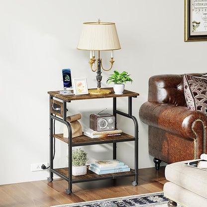 YAOHUOO 3 Tier Large Printer Stand with Power Outlet/Adjustable Storage Shelf, Rolling Cart with Wheels, Printer Table for Home Office 3D Printer/Heat Press/Laster, 22"×15" Rustic Brown