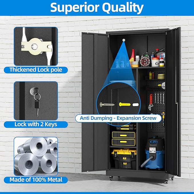 Garage Storage Cabinet with 4 Wheels,Lockable Tool Cabinets with Pegboard and 4 Adjustable Shelves,71" H Broom Closet Cabinets for Utility Room,Workshop,Black