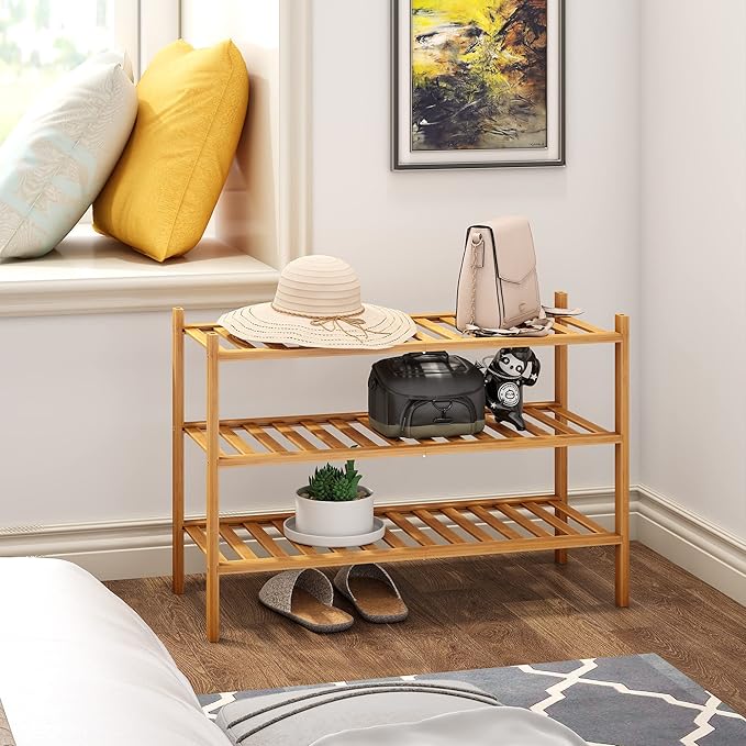 BMOSU 3-Tier Bamboo Shoe Rack Premium Stackable Shoe Shelf Storage Organizer for Hallway Closet Living Room Entryway Organizer (Natural Bamboo)
