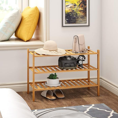 BMOSU 3-Tier Bamboo Shoe Rack Premium Stackable Shoe Shelf Storage Organizer for Hallway Closet Living Room Entryway Organizer (Natural Bamboo)