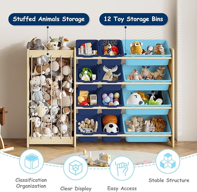 Kids Toy Storage Organizer, 2-in-1 Stuffed Animal Storage & Toy Organizer w/12 Bins, Solid Wood Toy Rack Featuring Thicker Elastic Ropes, Playroom Nursery Bedroom Storage, Blue