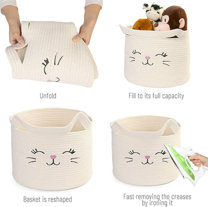 LotFancy Cat Toy Organizer, Cotton Rope Animal Basket with Handle, Cat Toys Storage Bin for Pets, Cute Woven Containers Holder for Playing Room, Kids Bedroom, 15.7x13''(H)