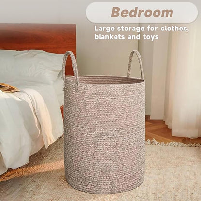 Large Woven Laundry Basket Hamper,60L Cotton Rope Storage Bin for Blankets,Toys and Clothes,Decorative Tall Nursery Hamper for Living Room,Baby Nursery,Bathroom and Bedroom,Oatmeal