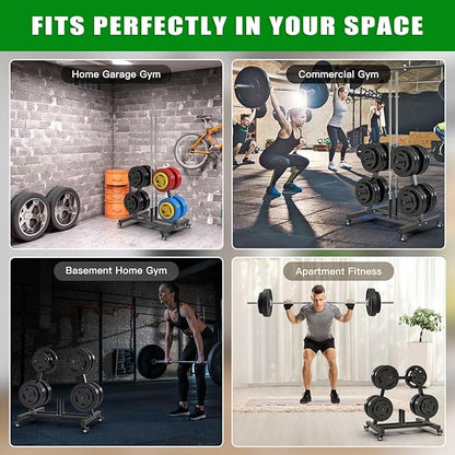 SELEWARE Olympic Weight Plate Tree Rack with 8 Weight Pegs & 2 Barbell Holders, Heavy-Duty Steel Gym Storage Organizer with Locking Wheels for 2 Inch Olympic Plates & Bars