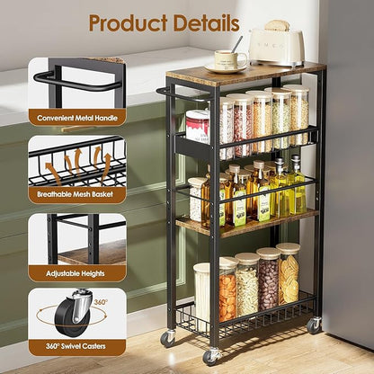 Slim Storage Rolling Cart, 4 Tier Narrow Cart with Wheels, Metal Kitchen Rolling Cart for Small Spaces, Slide Out Storage Shelves for Kitchen, Laundry Room, Bathroom, Living Room, 9.1in(W)