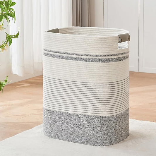 DOFASAYI Laundry Hamper - 85L Large Laundry Basket with Leather Handles, Decorative Storage Basket for Blankets - Clothes Hamper for Living Room, Bedroom, Grey & White