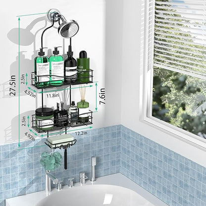 Bathroom Shower Caddy Hanging - 3-Tier Organizer with Soap Holder & 6 Hooks for Towels, Sponge; Fits 21mm Shower Head Arm, Black