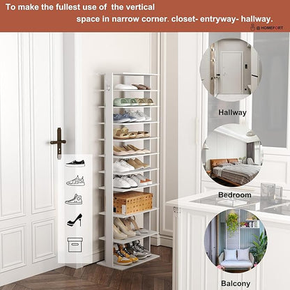 HOMEFORT 10-Tier Corner Shoe Tower - Double Rows, Slim Shoe Stand for 20 Pairs - Entryway, Hallway, Closet (White)