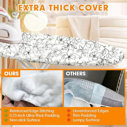 Ironing Board Cover and Pad, 21x54 Extra Large Thick Iron Padding, Scorch & Stain Resistant Ironing board cover, Heavy Duty Iron Board Padded with Adjustable Fasteners Elastic Edge, Floral White