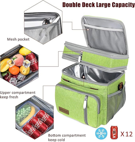 MIYCOO Lunch Bag & Lunch Box for Women Men, Double Deck Leakproof Insulated Soft Large Adult Camping Cooler bag for Work, Beach, Picnic, Travel (Green, 15L)