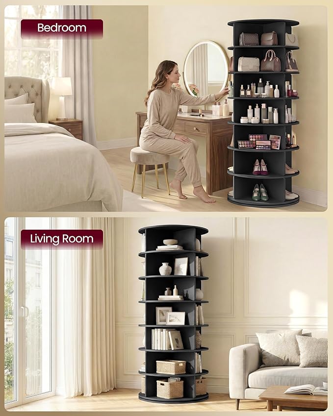 VASAGLE 7-Tier Rotating Shoe Rack Tower, Free Standing 360 Degree Spinning Shoe Organizer, Lazy Susan Bag Display Storage Rack, for Corners, Closets, Small Spaces, Black ULBS047BZ01