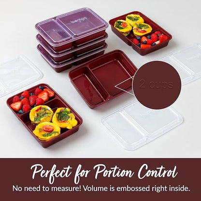 Bentgo Prep - 20-Piece 2-Compartment Reusable Meal Prep Containers with Lids, PFAS & BPA Free Materials, Durable, Microwave, Freezer, & Dishwasher Safe To Go Food Storage (Burgundy)