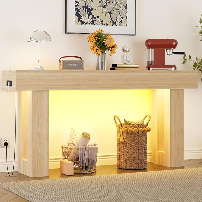 Depeht 63" Long Console Table with Power Outlet LED Lights, Wooden Farmhouse Sofa Behind Couch Table w/Storage, Large Industrial Hallway Accent Furniture for Living Room, Entryway, Hallway (Natural)