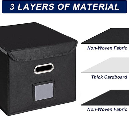 CADONO File Organizer Box with Lid, Large Hanging File Folder Organizer with Plastic Slide, Collapsible Portable Filing Storage Boxes for Office/Decor/Home (Black, 14.9 x 12.59 x 10.8 inch)