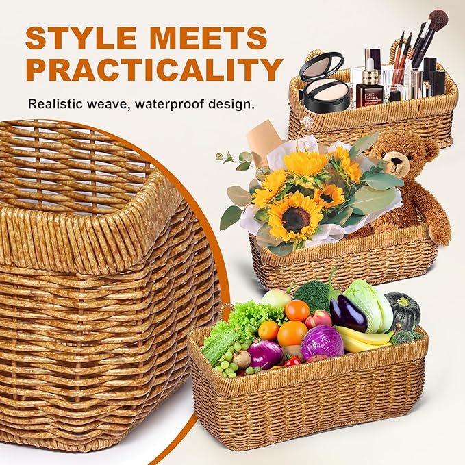 3 Pack Woven Storage Basket, Organizer Trays, Paper Box, Vintage Bin for Bathroom, Kitchen, Vanity Countertop Table Shelf, Vegetable & Fruit Storage Boxes, Potato Onion Basket (Yellow, 3 pc (set))