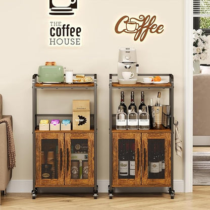 Small Coffee Bar Cabinet with Storage, 3-Tier Rolling Coffee Bar Table, Farmhouse Coffee Cart Station with 2 Doors for Living Room, Dining Room, Rustic Brown