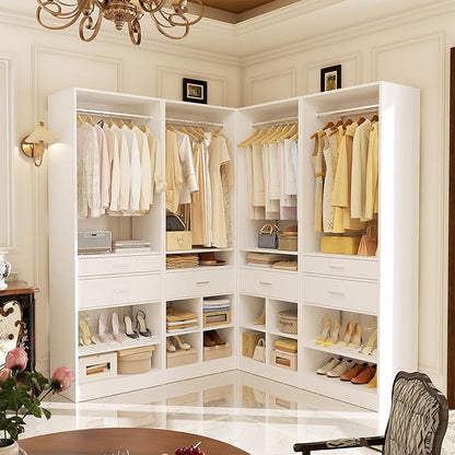 Unikito Closet System, 8.3FT Closet Organizer with 6 Wooden Drawers, Hanging Rods, Adjustable Shoe Rack and Cube Storage, Easy Assembly Wardrobe Tower, Set of 4, White