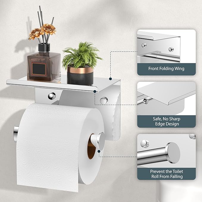 FORIOUS Toilet Paper Holder with Shelf, Adhesive or Screw Wall Mount Toilet Roll Holder for Bathroom, Rustproof 304 Stainless Steel Commercial Toilet Tissue Holder with Phone Shelf, Chrome