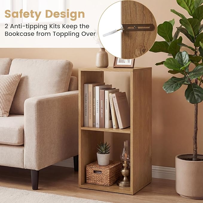 Giantex 2-Cube Bookcase, Cubby Bookshelf w/Back Guardrail & Anti-Tipping Kits, 3-Tier Freestanding Storage Organizer with Shelves, Open Back Display Rack for Living Room, Bedroom, Natural