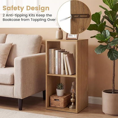 Giantex 2-Cube Bookcase, Cubby Bookshelf w/Back Guardrail & Anti-Tipping Kits, 3-Tier Freestanding Storage Organizer with Shelves, Open Back Display Rack for Living Room, Bedroom, Natural