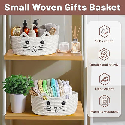 Small Woven Cat Gifts Basket for Storage Empty Cat Toy Bins Organizer with Ribbons and Bags Durable Cute Pet Gifts 12"X 8" X 5" Small Rope Basket for Gifting