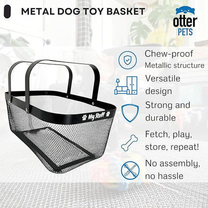 Dog Toy Basket Metal Mesh Metal, Chew Proof, 16 (L) x 9.5 (W) x 7 (H) inches Black Dog Toy Bin, Sturdy Pet Toy Basket