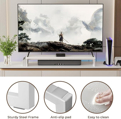LAND·VOI Dual Monitor Stand Riser,41.5'' Long Monitor Stand for 2 Monitors, Wood and Steel Computer Monitor Stand, Desktop Oraganizer with Pen Holder, Monitor Riser for Desk Computer,Laptop,TV, White