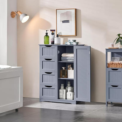Yaheetech Large Bathroom Floor Cabinet with 4 Dawers and Single Door Cabinet, Freestanding Storage Cabinet for Living Room Kitchen Hallway, Gray