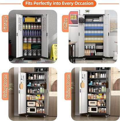 Aobabo 71" H×32" W×16" D Metal Storage Cabinet with Wheels, Garage Steel Storage Cabinet with 5 Adjustable Shelves and 4 Hooks for Home Office,Kitchen, Black Silver,Assembly Required