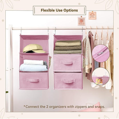 GRANNY SAYS Hanging Closet Organizer 6-Shelf, Separable to 2 Pack 3-Shelf Closet Storage Organizer with 4 Side Pockets, 3 Different Drawers, Portable Hanging Shelves for Baby Clothes, Sweater, Pink