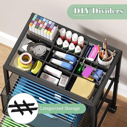 Rolling File Cart with 2 Drawers, Under Desk Storage Cabinet with DIY Divider, Letter/Legal Mobile Filling Cabinet on Wheels, Hanging File Folders Organizer, Metal Utility Cart for Home Office, Black
