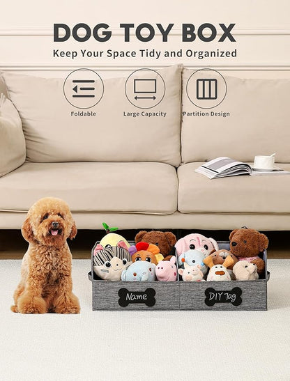 Qozary Large Dog Toy Basket with Diy Tag - Collapsible Dog Toy Bin, Fabric Personalized Storage Box, Trapezoid Storage and Organizer for Pet Supplies (Gray, Medium 27.6"x11.8")