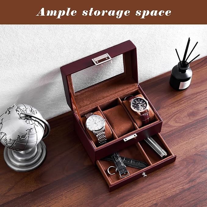 ProCase Watch Box, 3 Slot Watches Display Case with Drawer, Mens Watch Case with Glass Lid, 2-Layer Mens Jewelry Organizer Storage Holder, Birthday Valentine Gifts for Men-3 Slot, Espresso