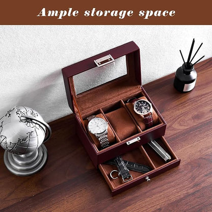 ProCase Watch Box, 3 Slot Watches Display Case with Drawer, Mens Watch Case with Glass Lid, 2-Layer Mens Jewelry Organizer Storage Holder, Birthday Valentine Gifts for Men-3 Slot, Espresso