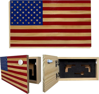 American Flag Hidden Gun Safe - Quick Access Hidden Gun Shelf - Concealment Shelf with Magnetic Lock - Wall Gun Safe for Secure Firearm Storage - Handcrafted In USA by Bellewood Designs (Red & Blue)